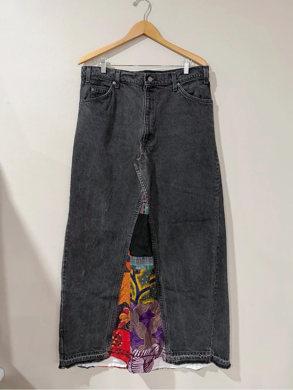 Vintage Levi's 550 Men's 38x32 Black Denim Patchwork Maxi Skirt Grunge Y2K
